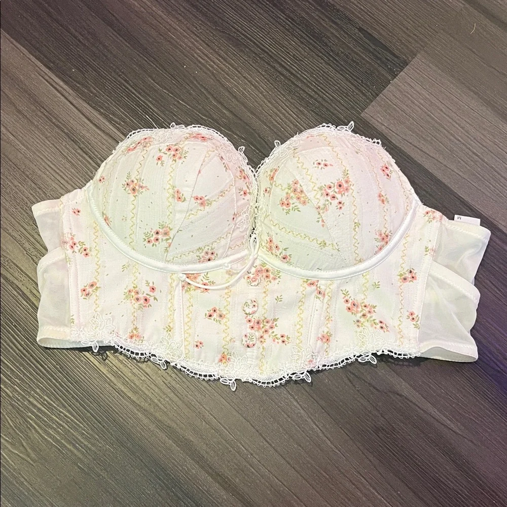 Cottagecore Floral Lace Strapless Bustier Bra - cream & peachy brocade